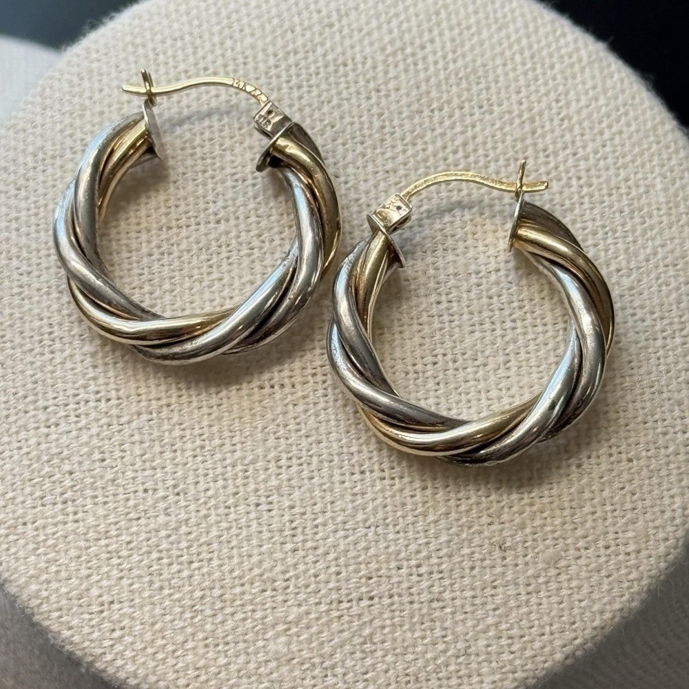 14k Yellow Gold And Sterling Silver AAJ Twisted Rope Hoop Earrings 3.8 gr